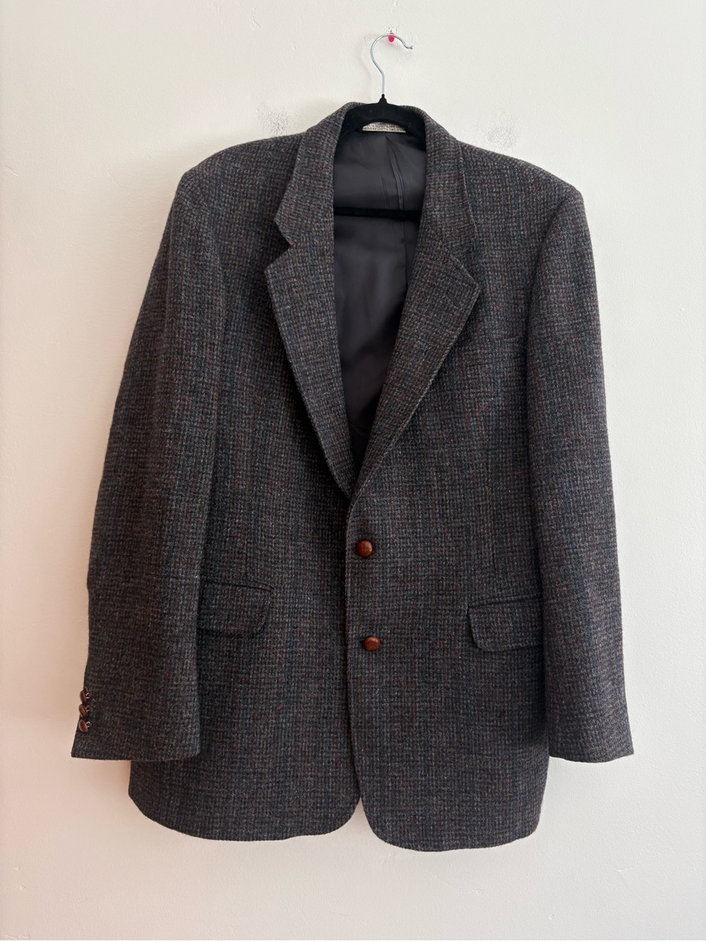Vintage 100% Scottish Wool Harris Tweed Blazer Jacket Navy Handwoven 44 LONG
